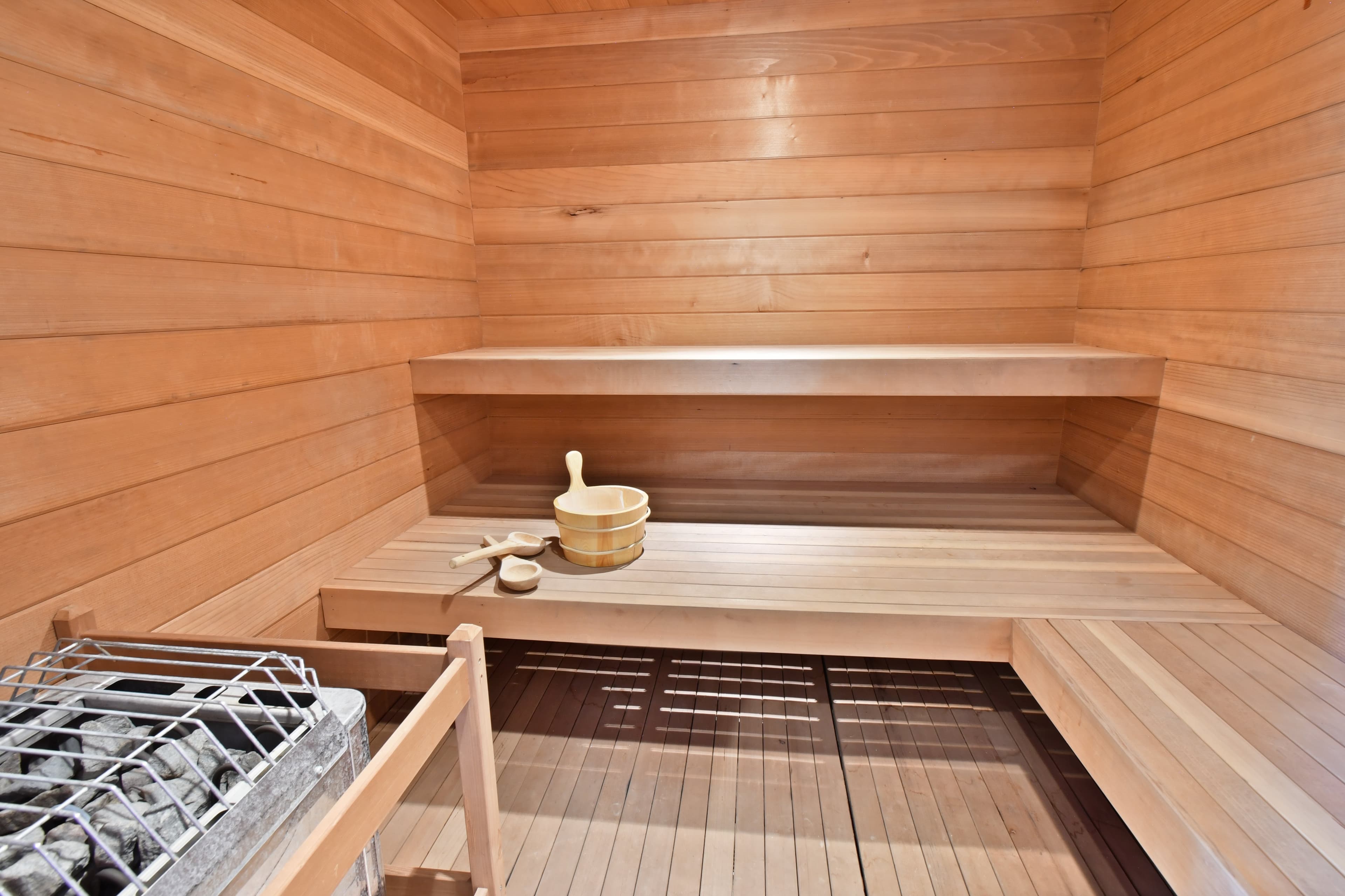 A view into the sauna of this luxury Park City vacation rental, with large benches.