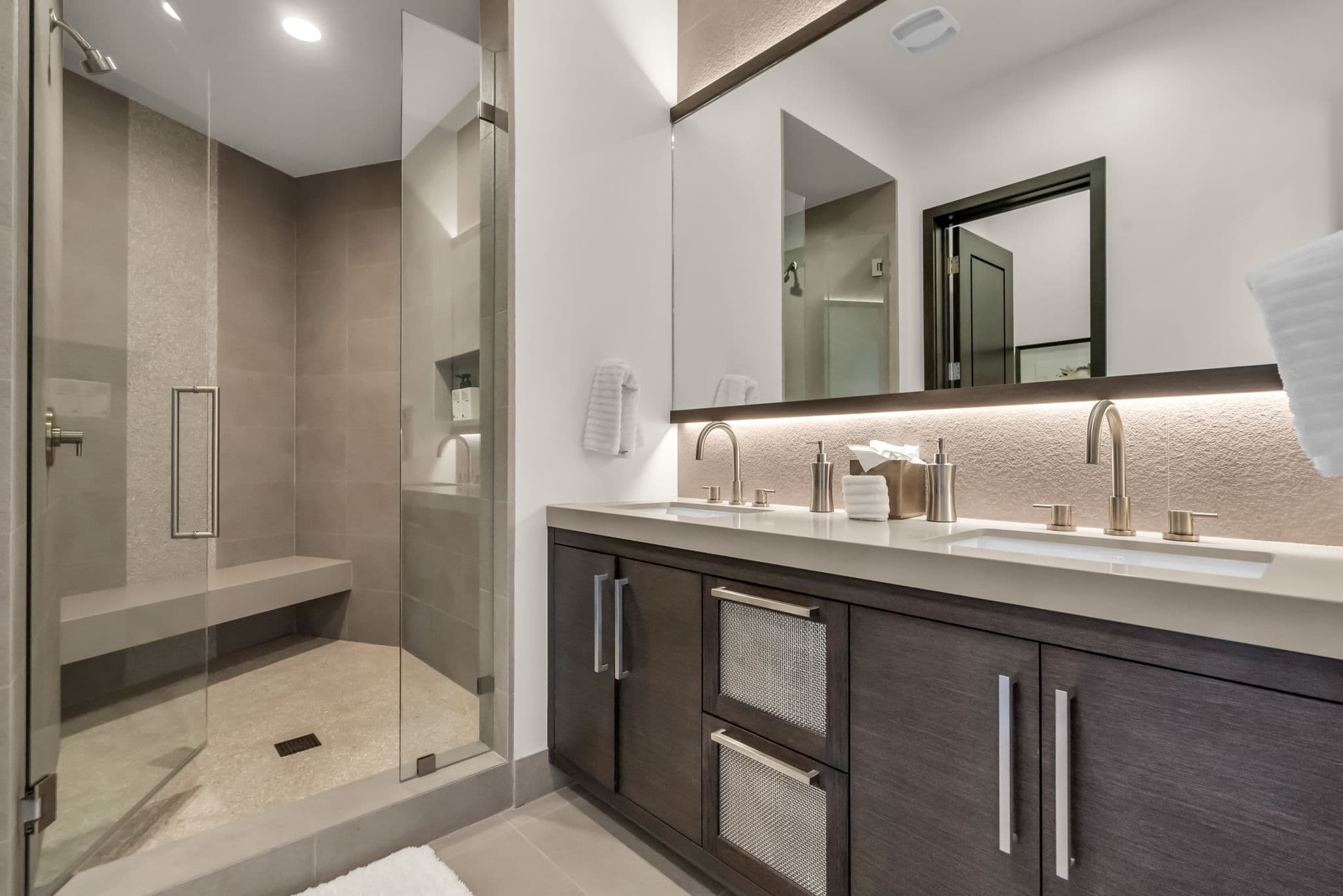 Walk-in Shower with Glass Door and Double Sink Bath Vanity