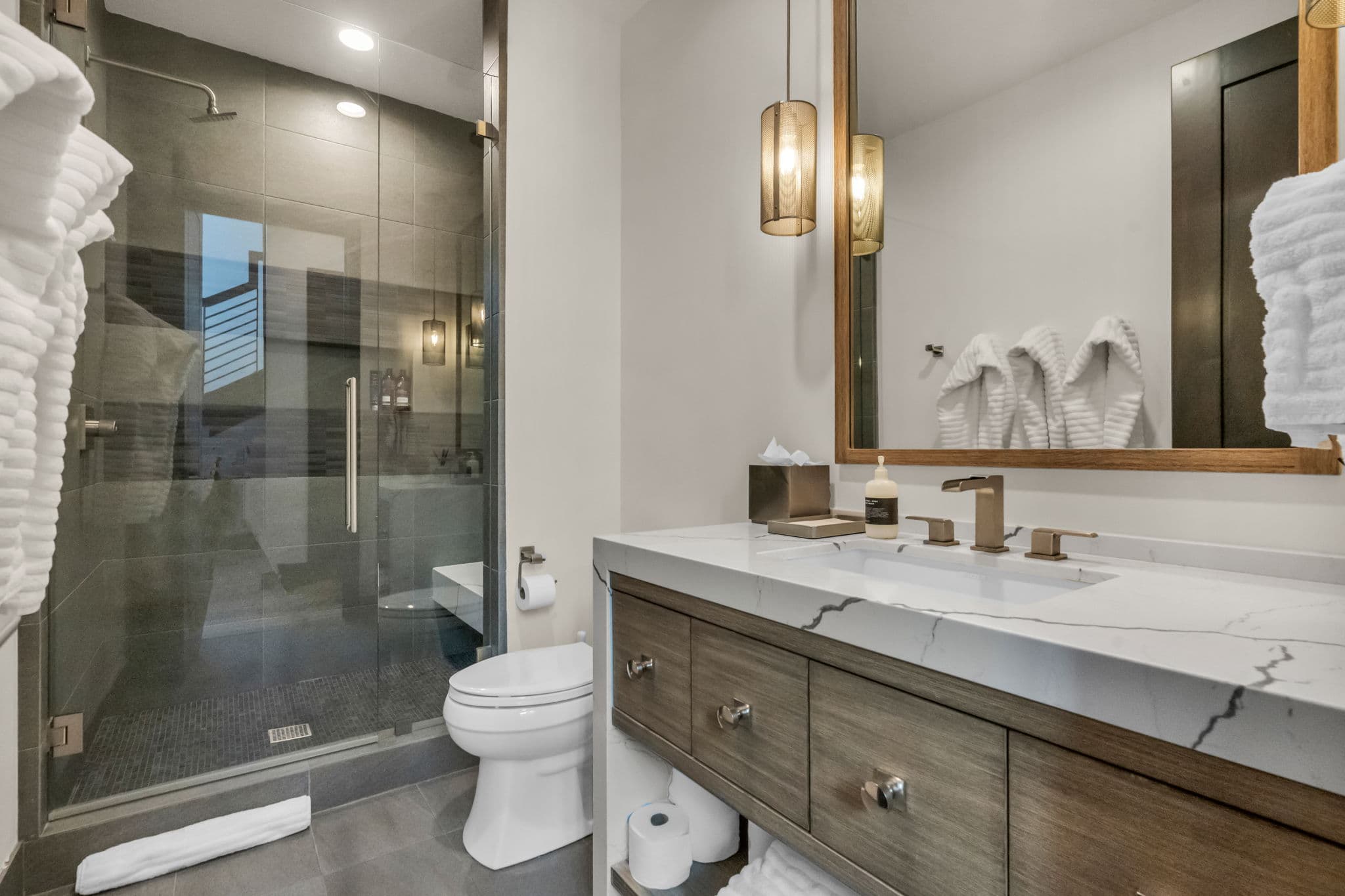 Walk-in Shower with Glass Door, Single Sink Bath Vanity and Mirror