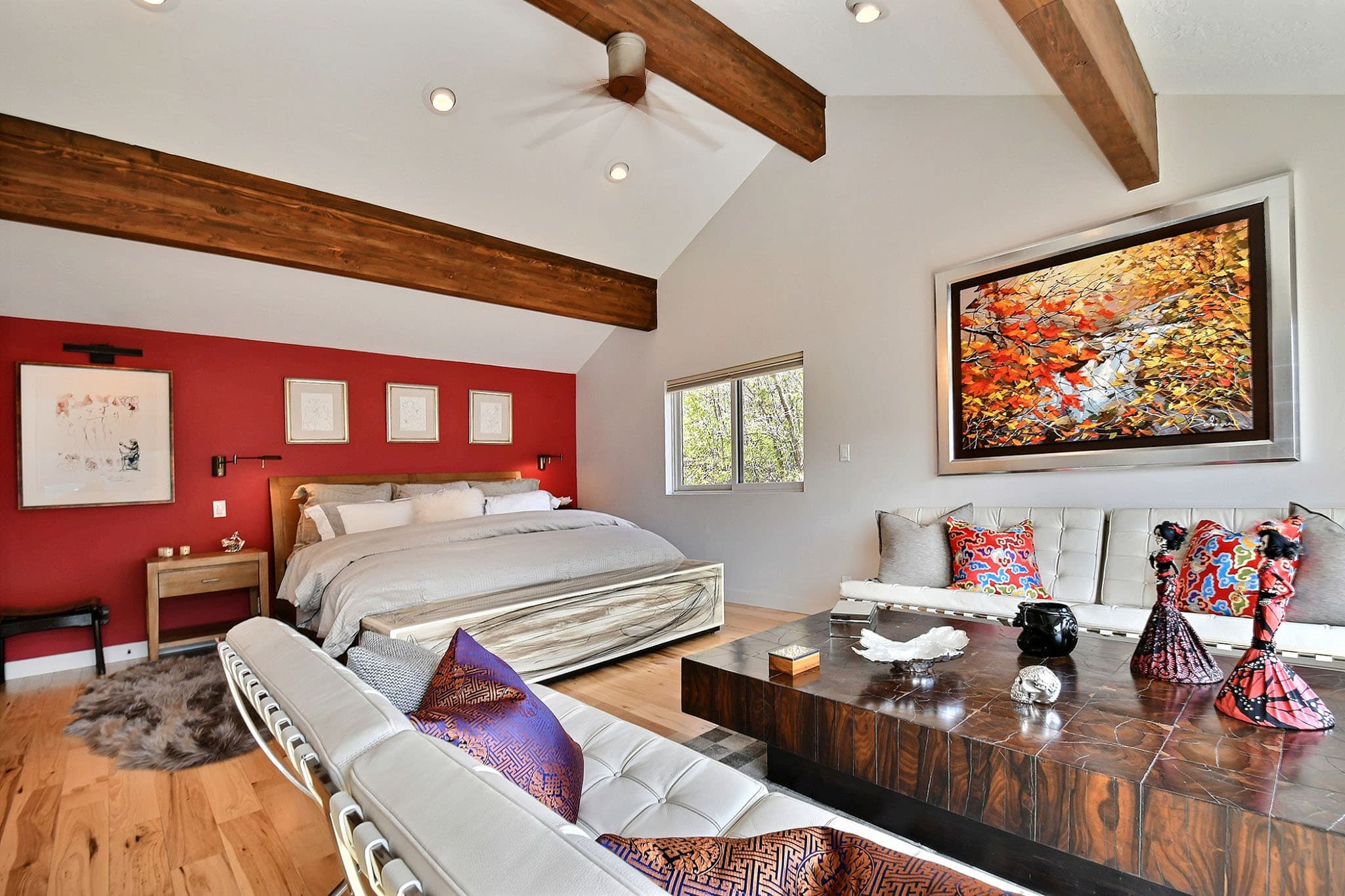Large Painting, Queen Bed, Coffee Table, White Sofa