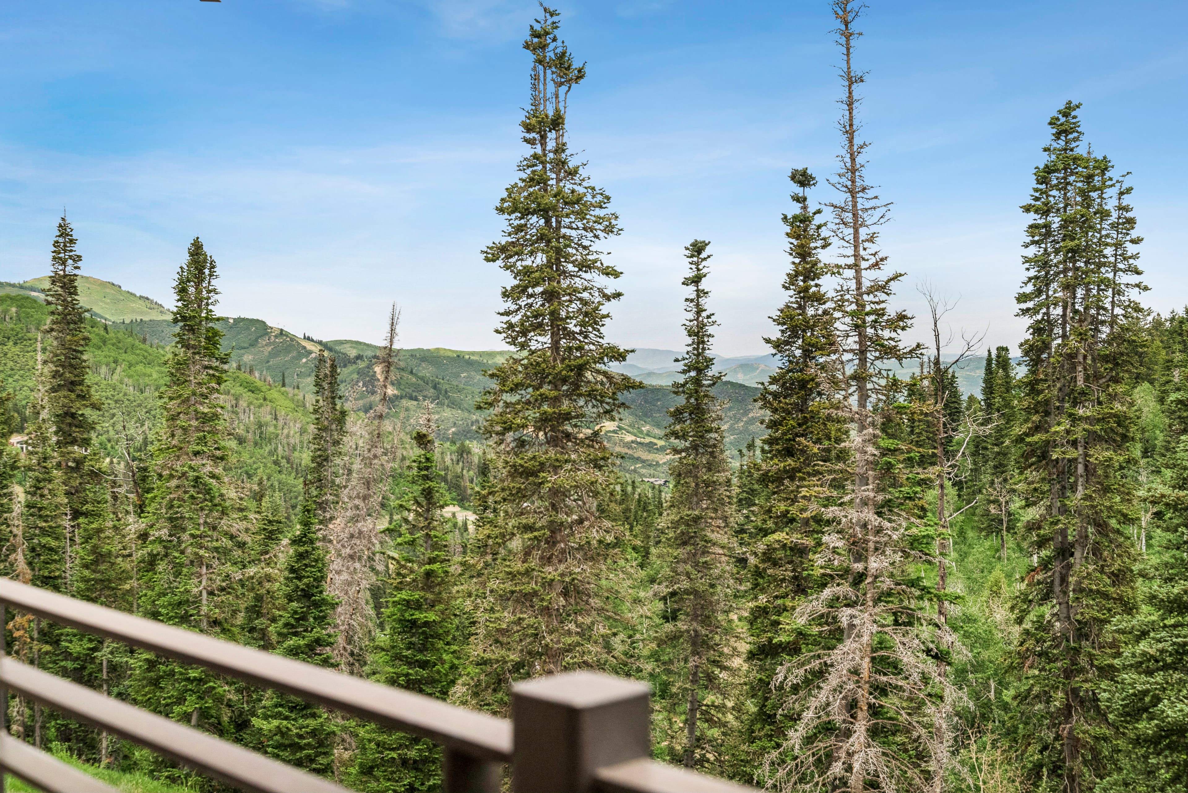 a view from the deck of grandview with lots of green trees and rolling mountains